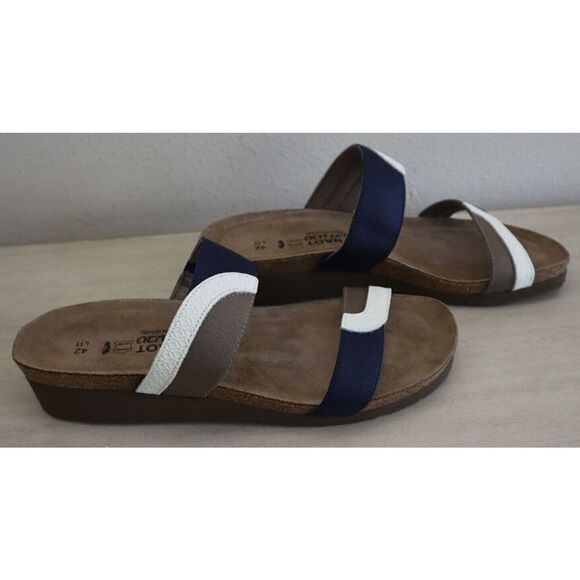Naot Women's Sz 42 US 11 White/Blue/Khaki Leather Frankie Slide Sandals $140 - Picture 6 of 8